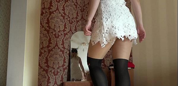  Blonde with a juicy ass trying on sexy clothes and spinning around the mirror, homemade striptease.